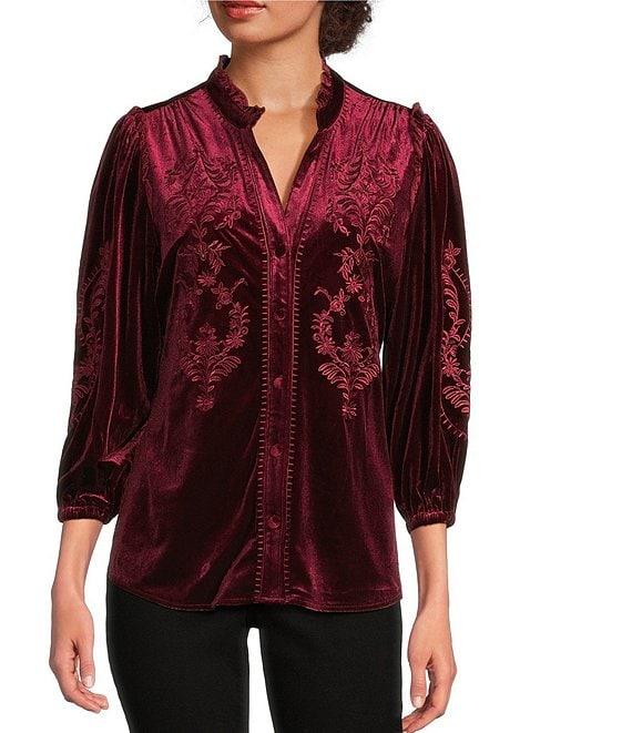 Calessa Petite Size Embroidered Ruffle Split V-Neck 3/4 Sleeve Button Front Velvet Tunic Product Image