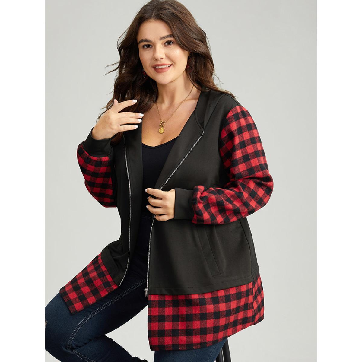 Plus Size Gingham Patchwork Hooded Zipper Contrast Coat Women Red Contrast Pocket Dailywear Jackets BloomChic 22-24/3X Product Image