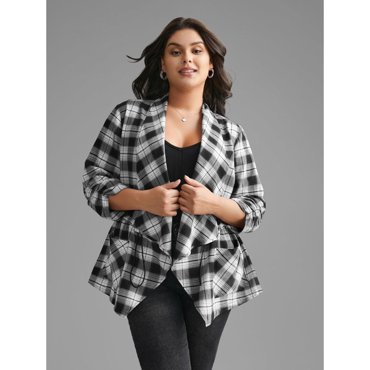 Plus Size Plaid Drawstring Patched Pocket Coat Women Black Elegant Drawstring Ladies Everyday Winter Coats BloomChic 12/L Product Image