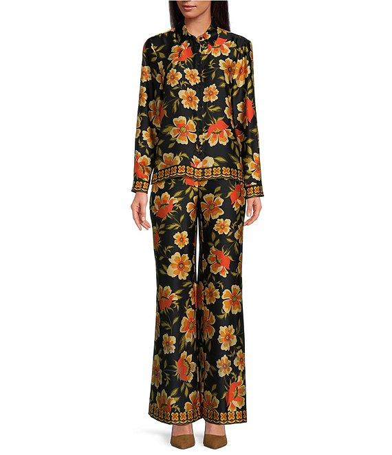 Chelsea & Violet Demi Floral Print Woven Satin High Rise Flat Front Wide Leg Coordinating Pant Product Image