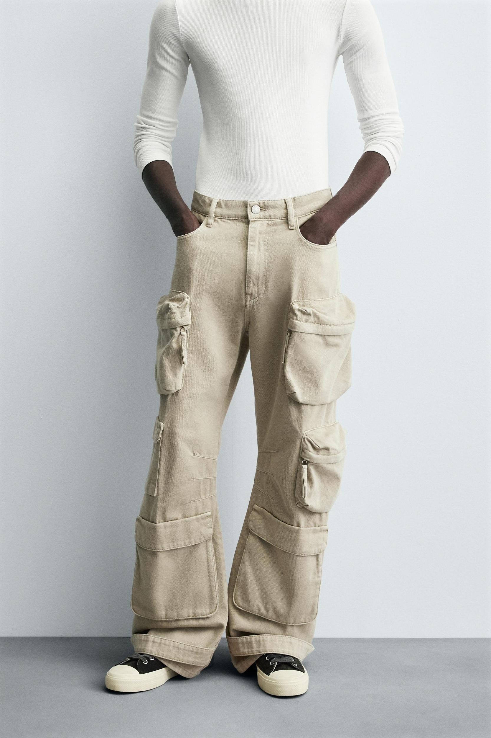 DENIM CARGO PANTS WITH POCKETS Product Image
