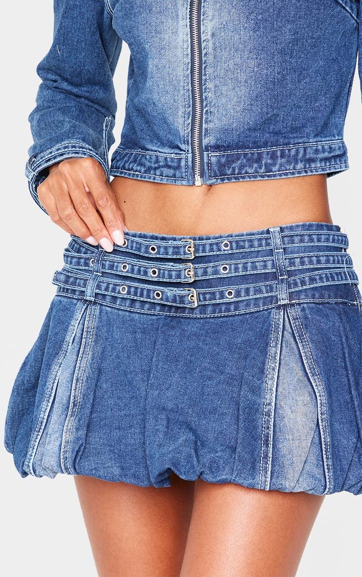 Indigo Buckle Detail Denim Puffball Mini Skirt Product Image