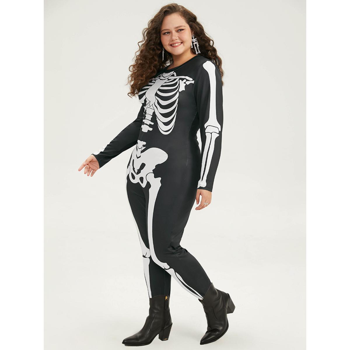 Plus Size Black Halloween Skull Print Skinny Crew Neck Jumpsuit Women Casual Long Sleeve Round Neck Festival-Halloween Loose Jumpsuits BloomChic 26/4X Product Image