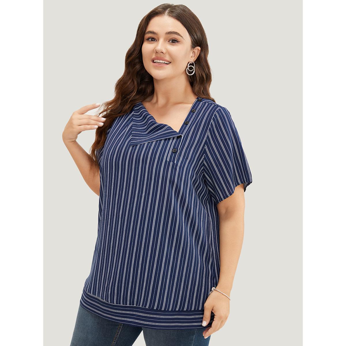 Plus Size DarkBlue Striped Print Asymmetrical Neck Blouse Women Office Short sleeve Asymmetrical Neck Work Blouses BloomChic 26/4X Product Image