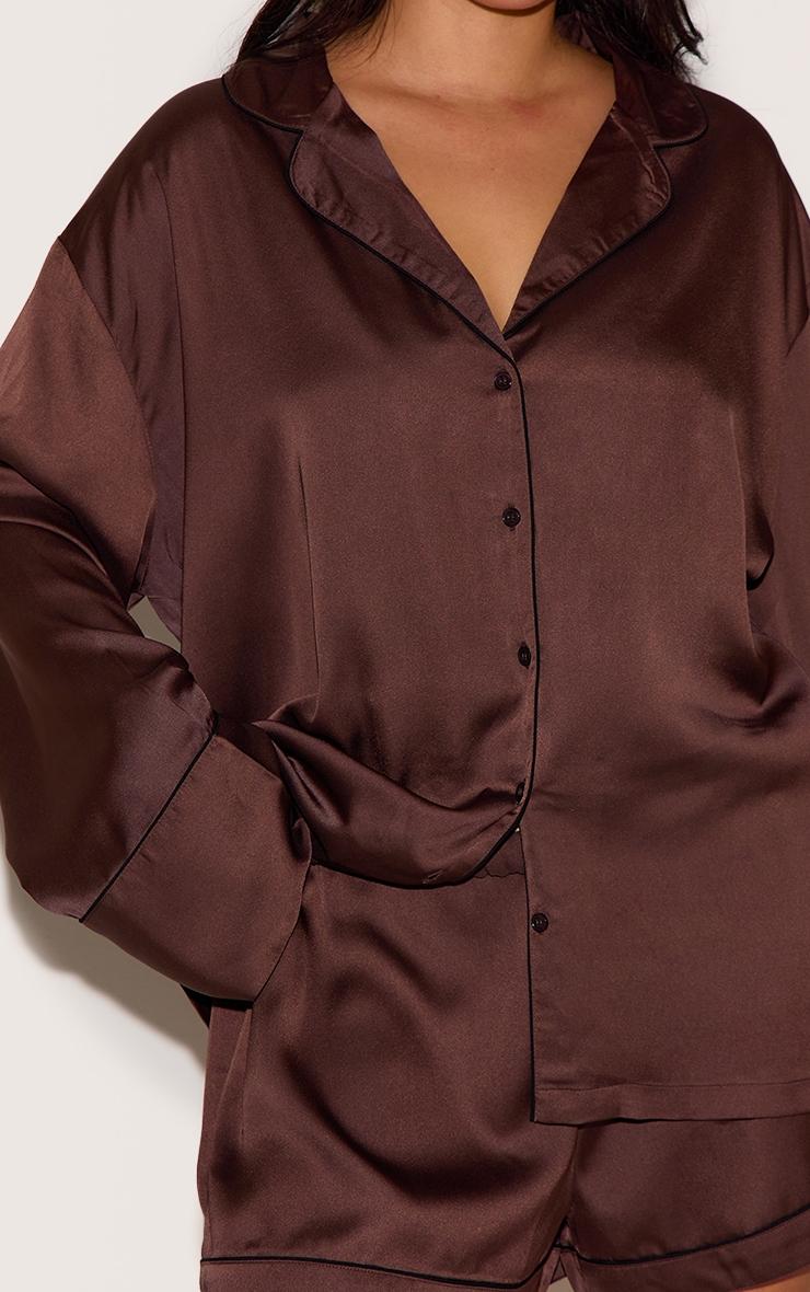 Plus Chocolate Satin Piping Long Sleeve Short Pj Set Product Image