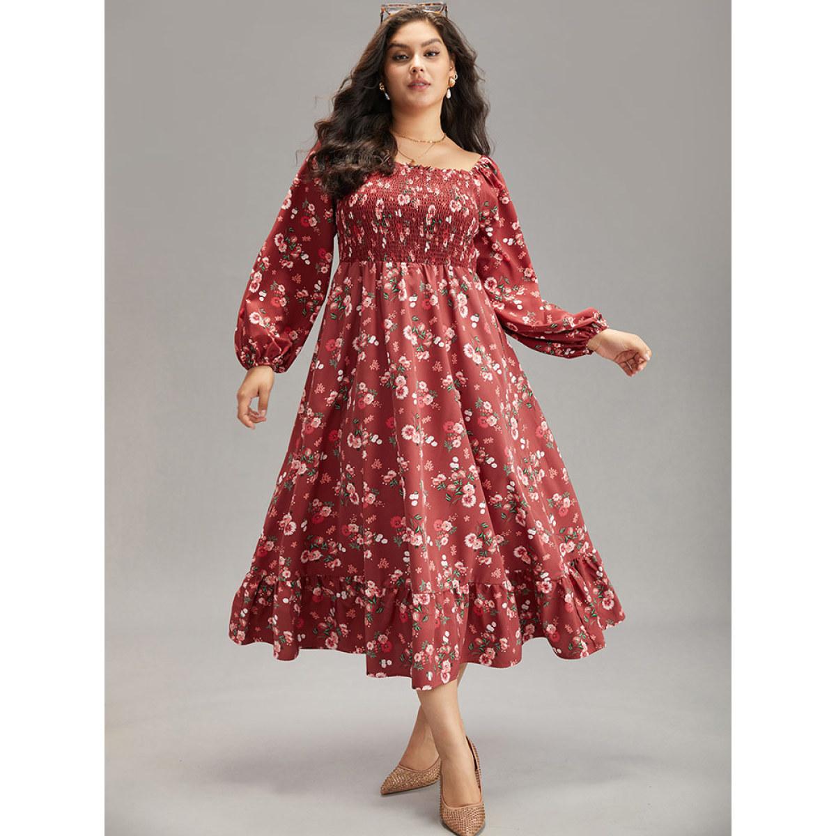 Plus Size Floral Print Shirred Elastic Cuffs Dress Russet Women Elegant Elastic cuffs Square Neck Long Sleeve Curvy Midi Dress BloomChic 10/M Product Image
