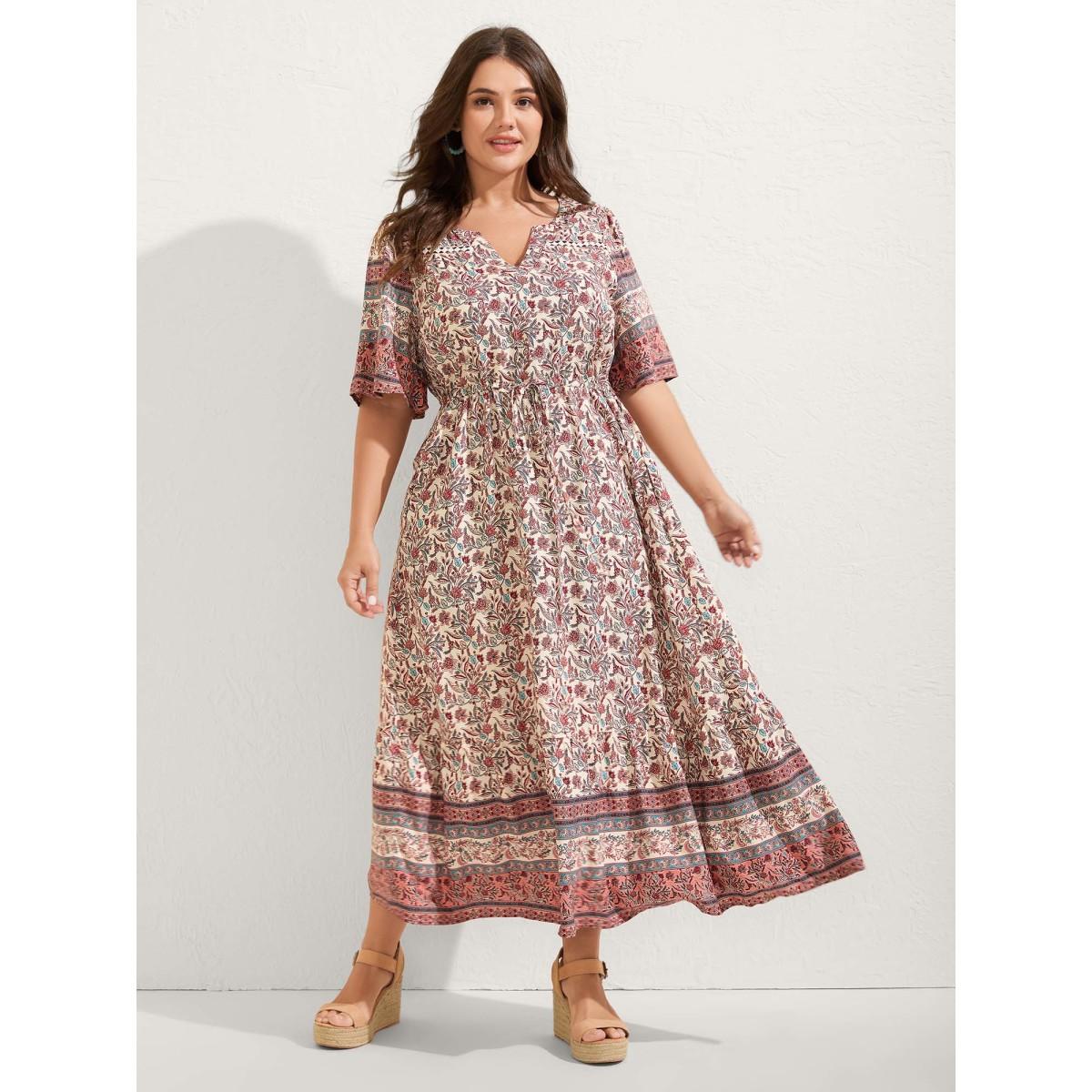 Plus Size Floral Print Lace Waist Drawstring Maxi Dress Salmon Women Boho Woven ribbon&lace trim Flat collar with V-notch Half Sleeve Curvy BloomChic 26/4X Product Image