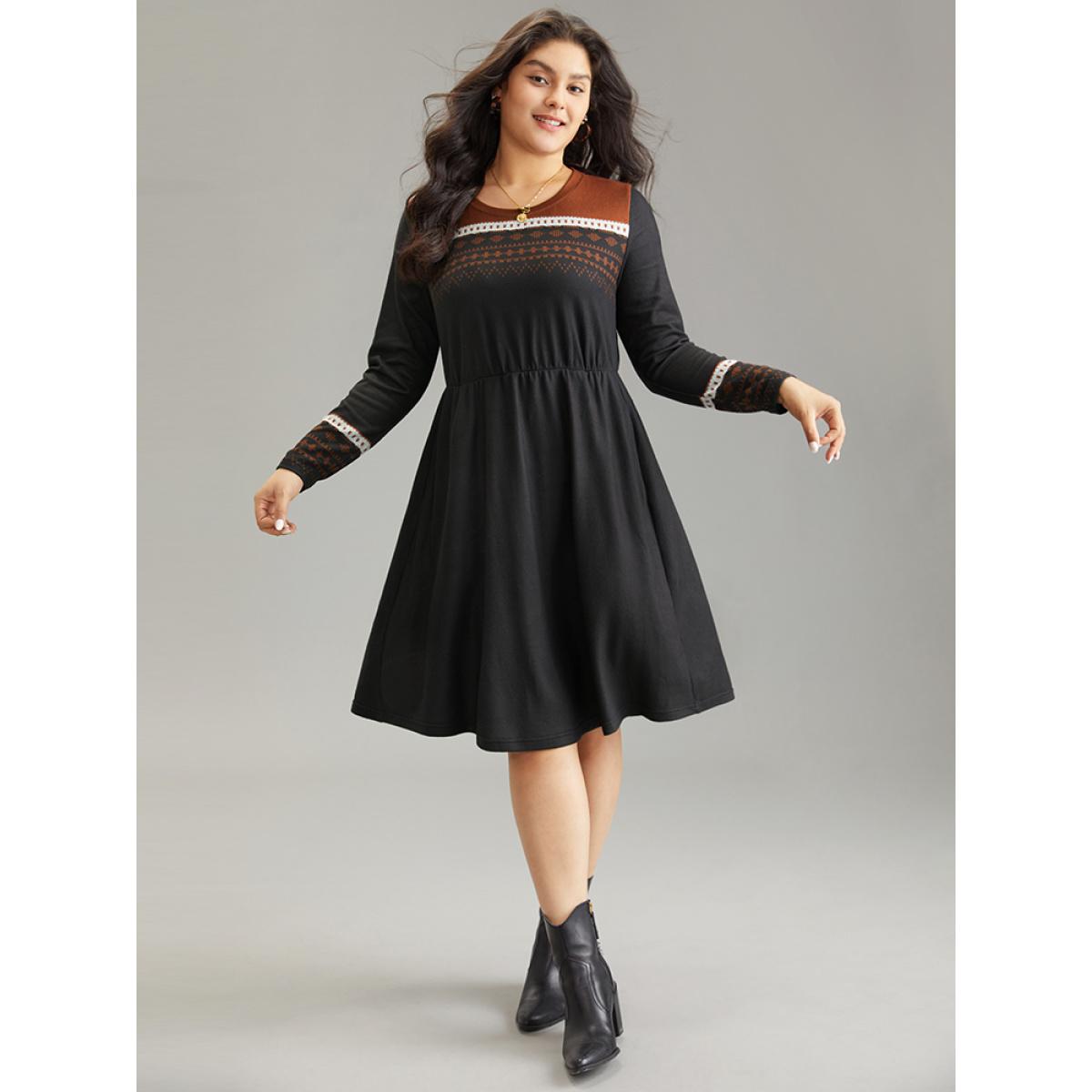 Plus Size Boho Geometric Print Contrast Elastic Waist Dress Black Women Casual Printed Round Neck Long Sleeve Curvy Midi Dress BloomChic 14-16/1X Product Image
