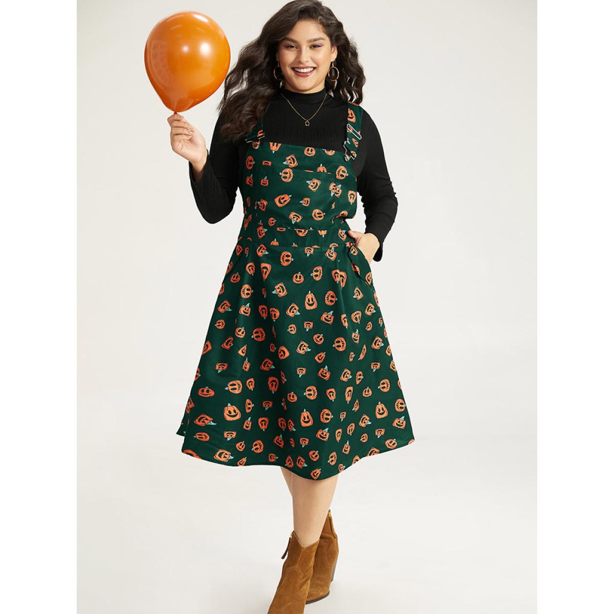 Plus Size Halloween Pocket Pumpkin Print Overall Cami Dress Black Women Playful Adjustable Straps Spaghetti Strap Sleeveless Curvy Midi Dress BloomChic 18-20/2X Product Image