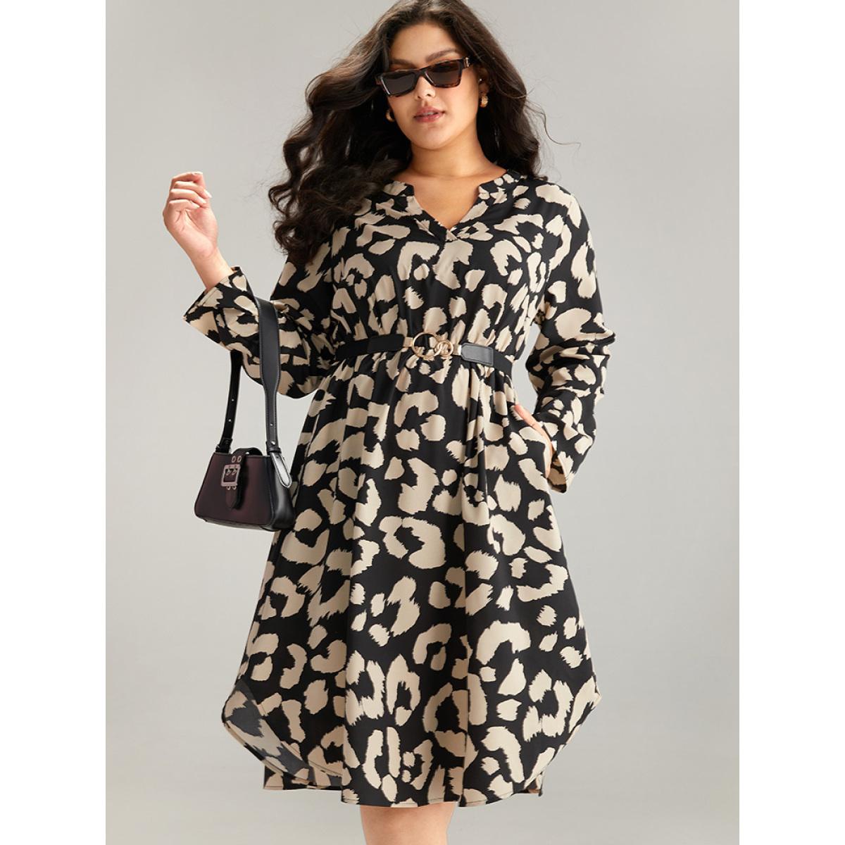 Plus Size Geometric Pocket Elastic Waist Arc Hem Dress LightBrown Women At the Office Printed Notched collar Long Sleeve Curvy Knee Dress BloomChic 30/6X Product Image
