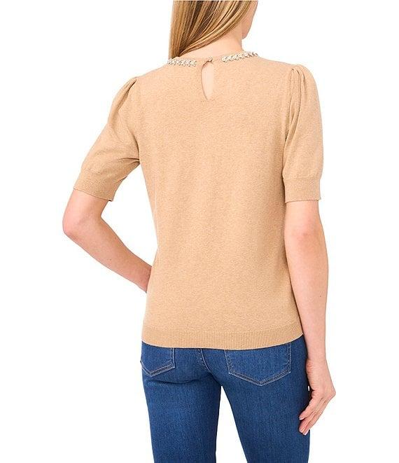 CeCe Knit Round Neck Short Sleeve Embellished Top Product Image