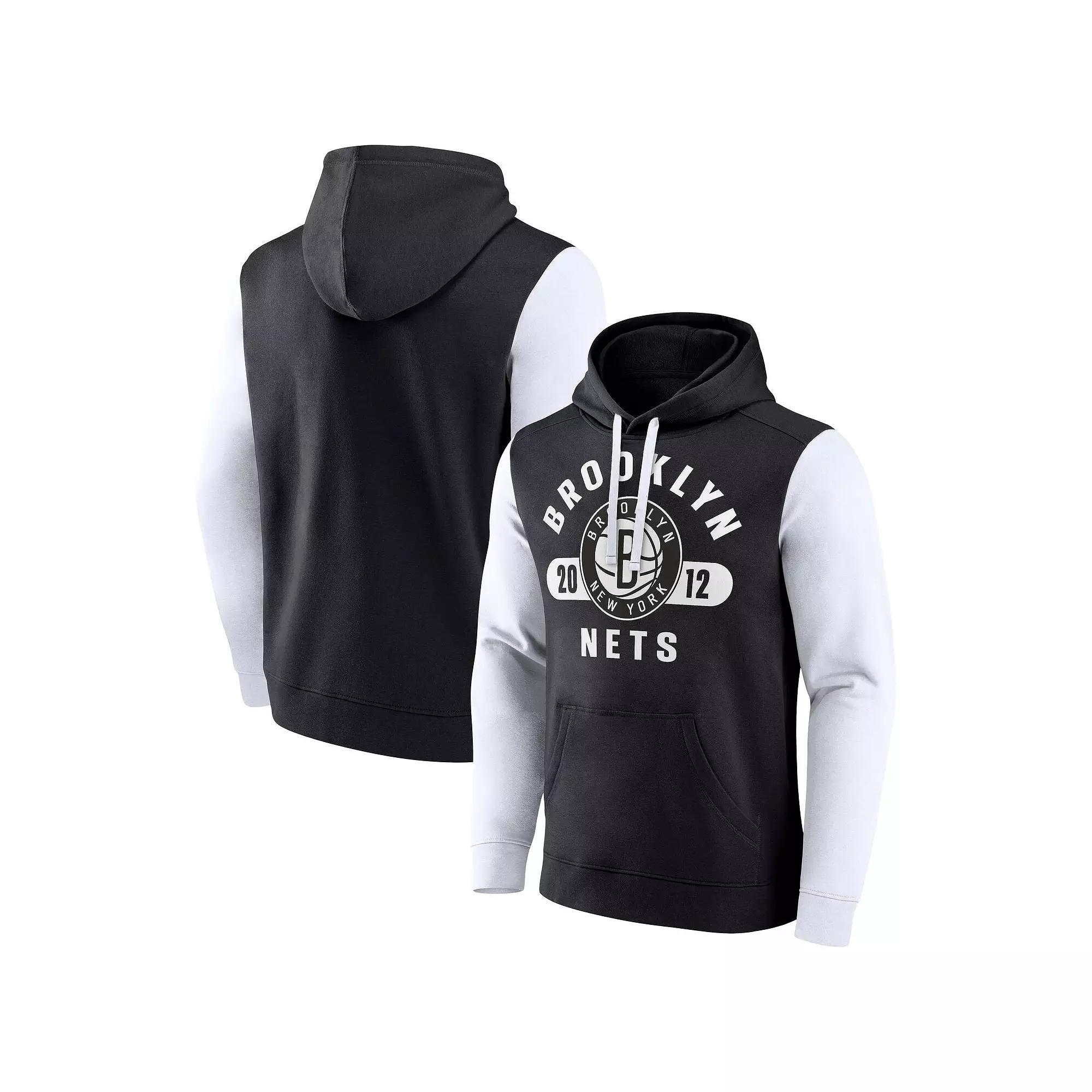 Men's Fanatics Branded Black/White Brooklyn Nets Attack Colorblock Pullover Hoodie,  Product Image