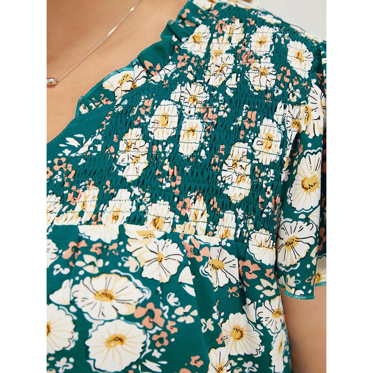 Plus Size Cerulean Floral Ruffle Sleeve Shirred Button Up Frill Trim Blouse Women Elegant Short sleeve V-neck Dailywear Blouses BloomChic 12/L Product Image