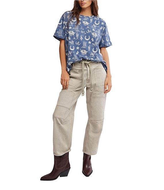 Free People Painted Floral Navy Western Printed Crew Neck Short Sleeve Tee Product Image