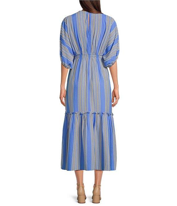 Taylor Striped V-Neckline Elbow Length Sleeve Tiered Bottom Maxi Dress Product Image