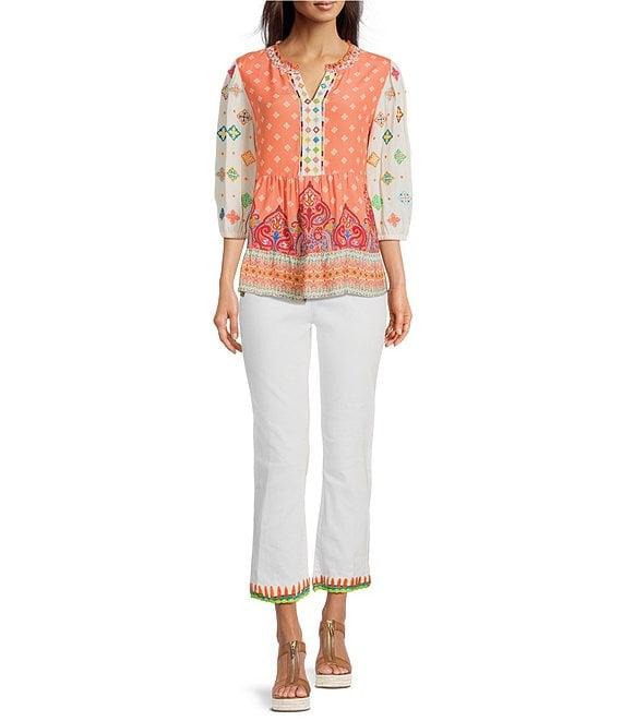 John Mark Embroidered Mix Printed Split V-Neck 3/4 Bubble Sleeve Tunic Product Image