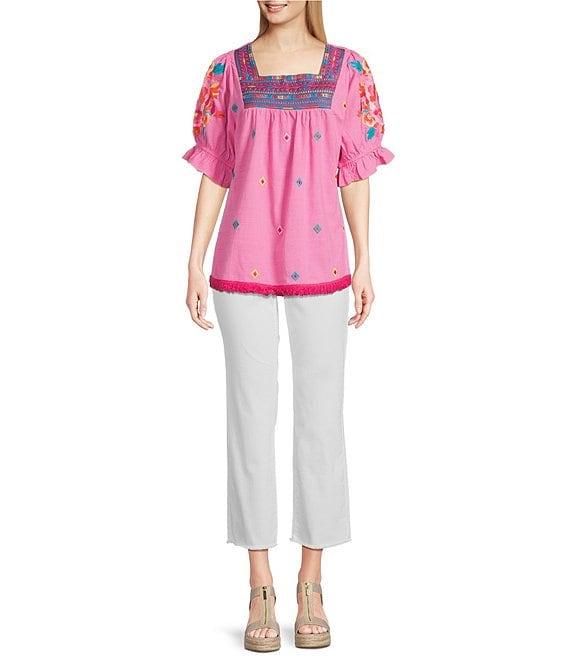 Calessa Embroidered Square Neck Short Sleeve Top Product Image