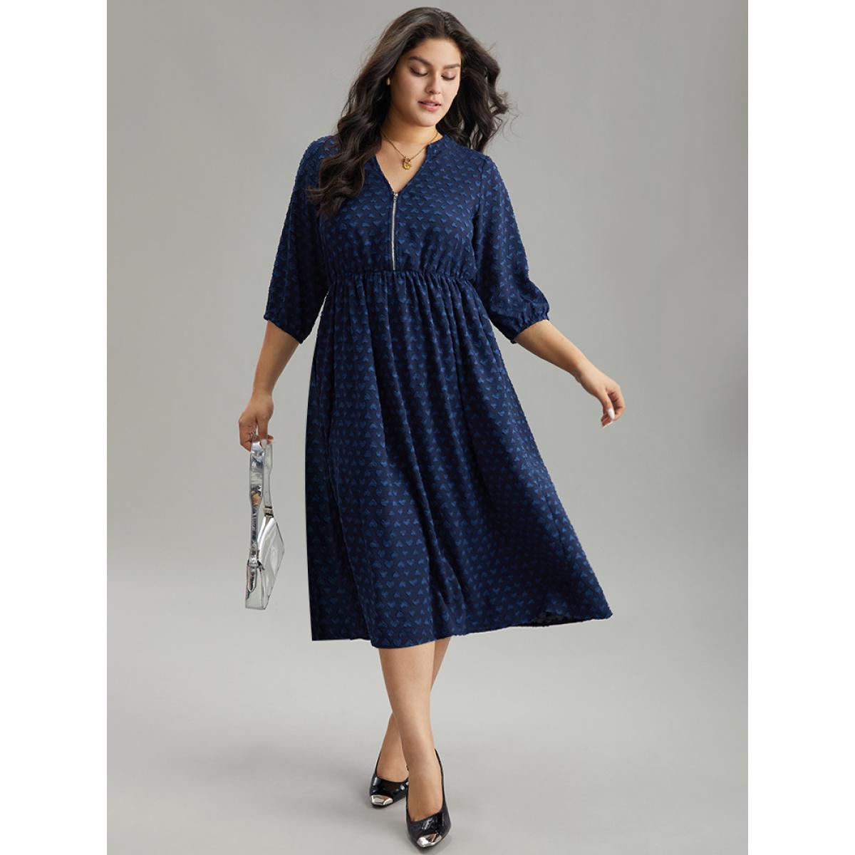 Plus Size Plain Heart Textured Half Zip Notched Dress Indigo Women Office Elastic cuffs Notched collar Elbow-length sleeve Curvy Midi Dress BloomChic 10/M Product Image