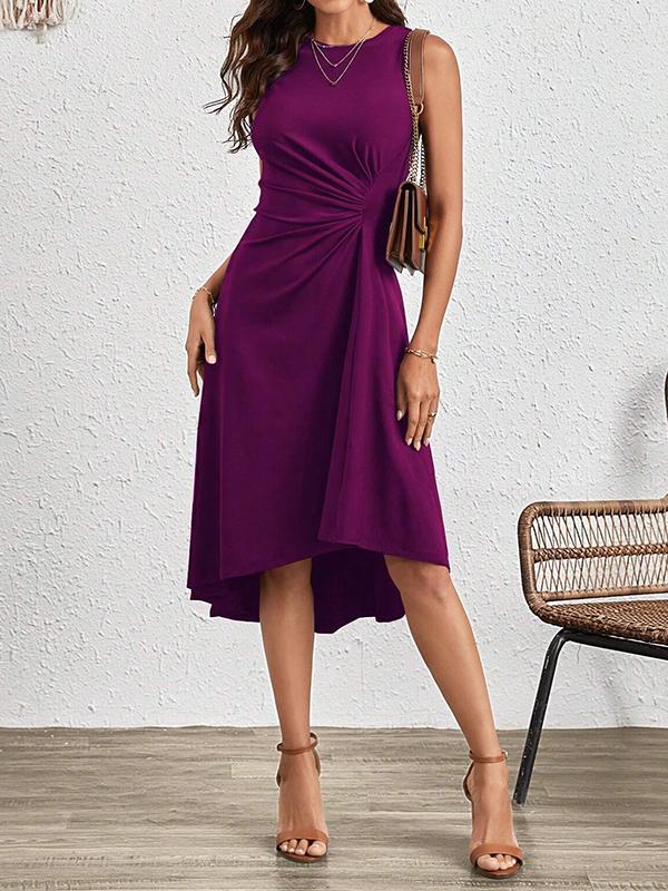 A-Line High Waisted Asymmetric Pleated Solid Color Split-Joint Round-Neck Midi Dresses Product Image