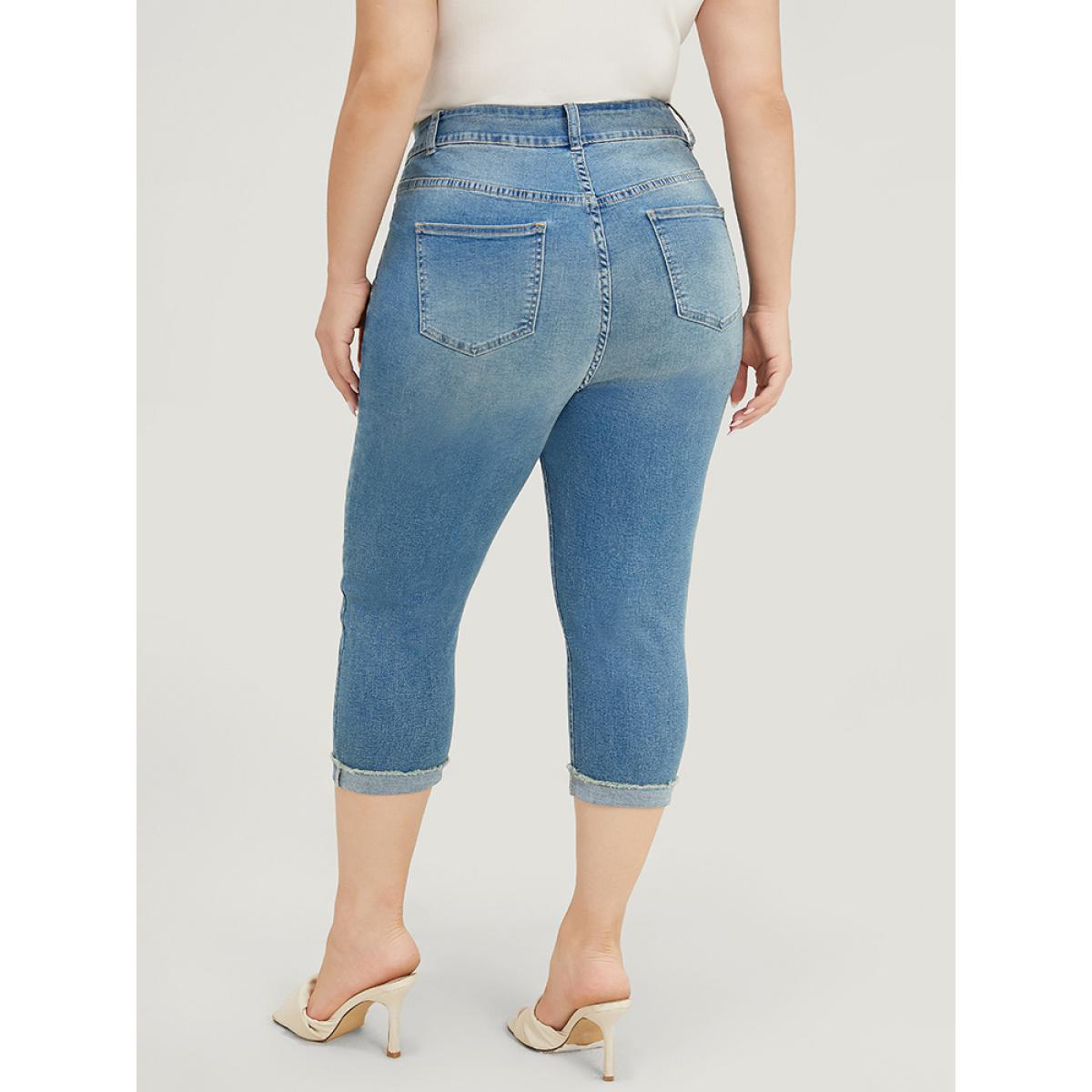 Plus Size Very Stretchy High Rise Medium Wash Roll Hem Cropped Jeans Women Cerulean Casual Plain High stretch Pocket Jeans BloomChic 24/3X Product Image