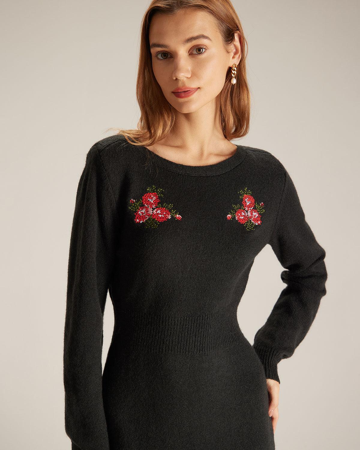 The Black Round Neck Embroidery Mini Dress Product Image