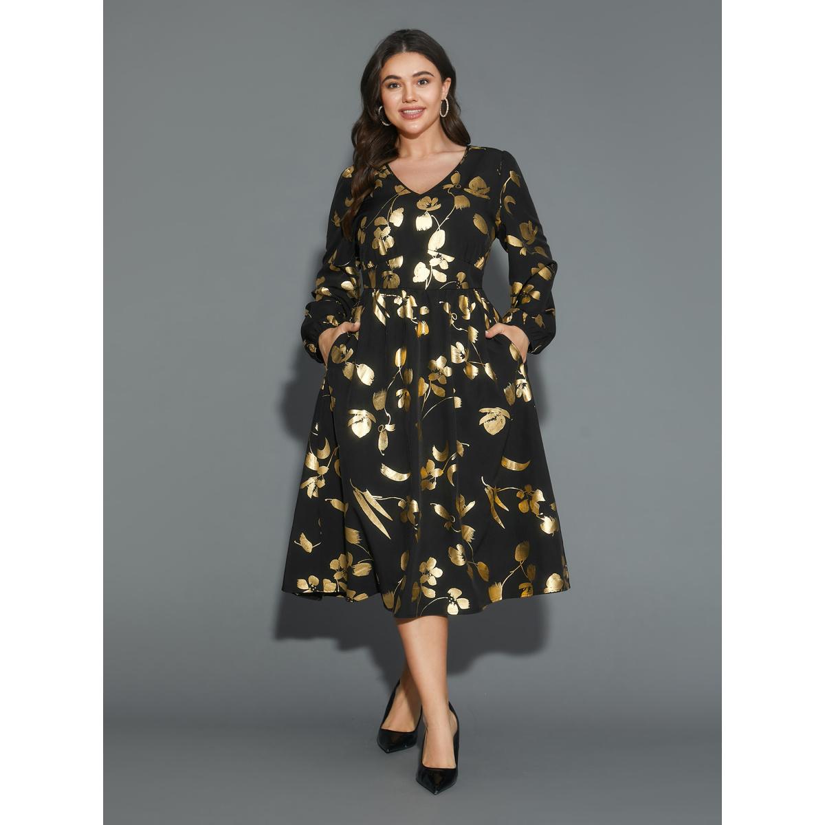 Plus Size Glitter Silhouette Floral Print Elastic Waist Dress BlackFlower Women Cocktail Non Party Curvy Bloomchic 18-20/2X Product Image