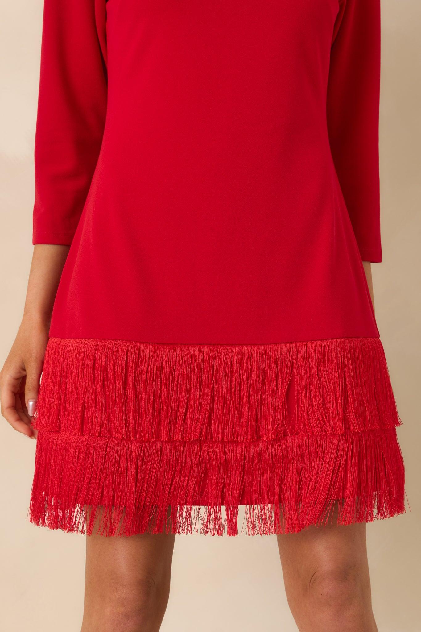 Coming In Hot Red 3/4 Sleeve Fringe Mini Dress Product Image