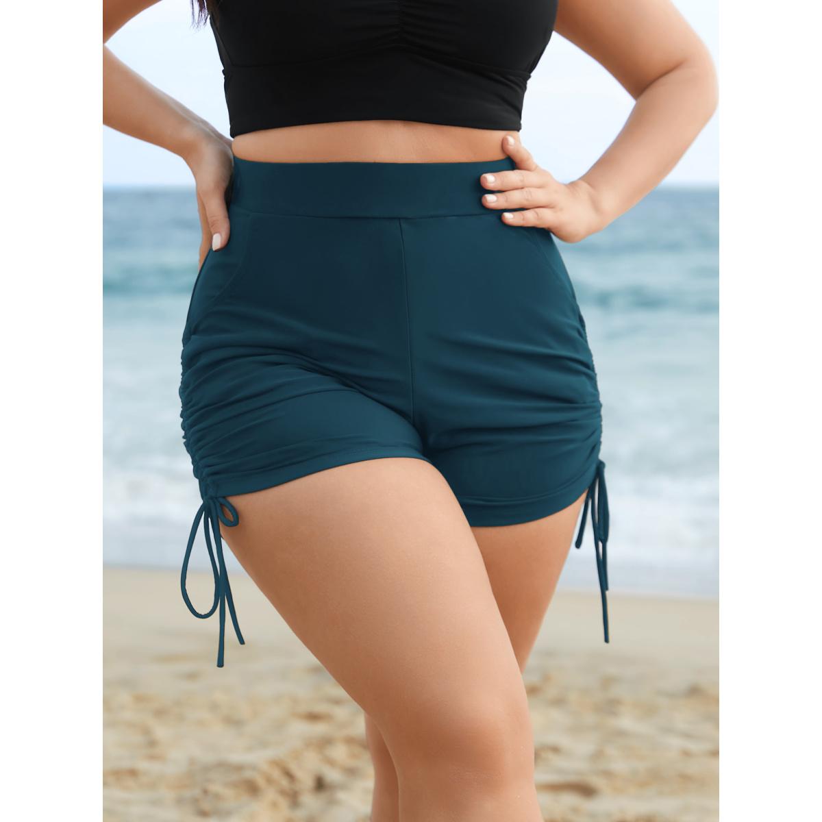 Plus Size Ruched Drawstring Pocket Slim Swim Bottom Women's Swimwear Cyan Resort Gathered High stretch Skinny High Rise Slanted pocket Curve Swim Bottoms BloomChic 26/4X Product Image