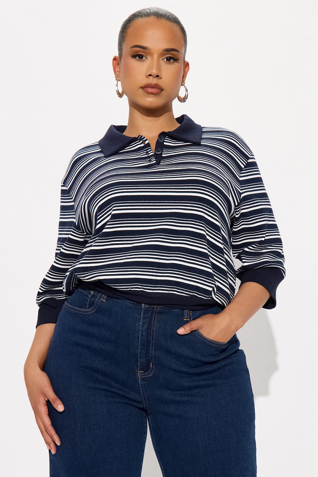 Striped Out Striped Sweater Polo  - Navy/combo Female Product Image