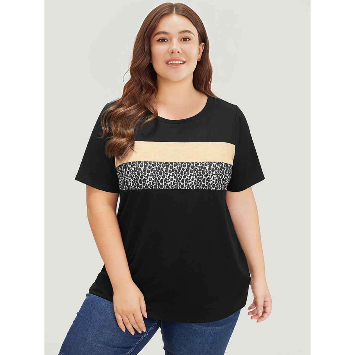 Plus Size Supersoft Essentials Leopard Colorblock Contrast Round Neck T-shirt Black Women Casual Leopard Round Neck Dailywear T-shirts BloomChic 30/6X Product Image