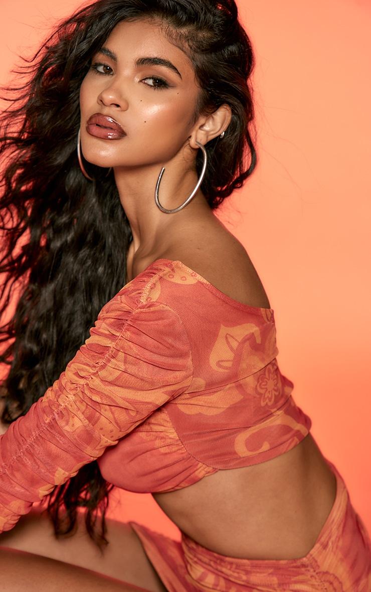 Orange Floral Print Double Layer Mesh Ruched Detail Bodycon Dress Product Image