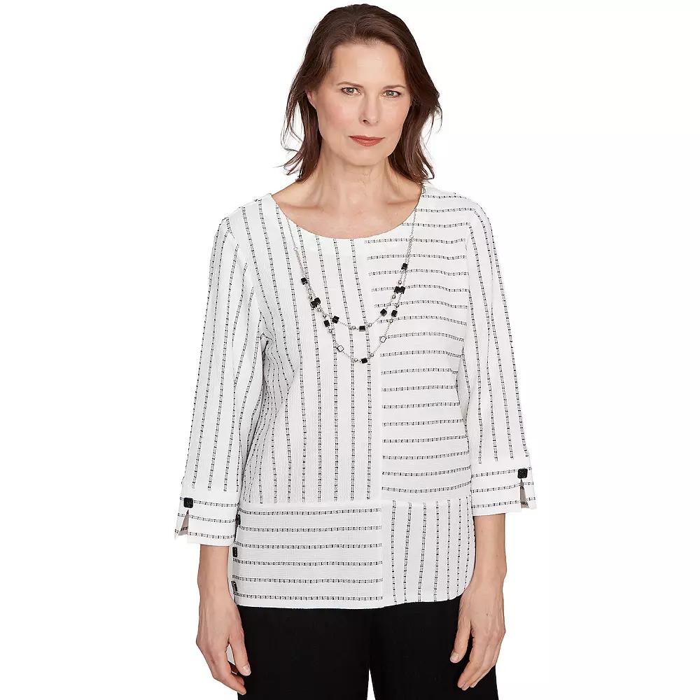 Petite Alfred Dunner Splice Textured Stripe Top with Necklace, Women's,  Product Image