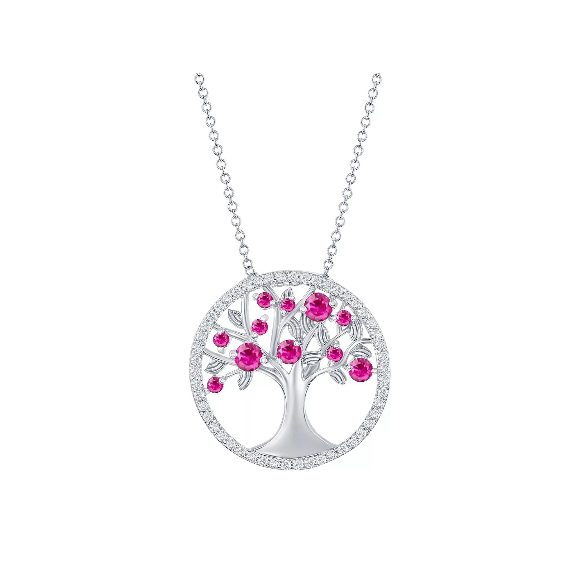 Sterling Silver Red Cubic Zirconia Tree Of Life Necklace, Women's Product Image