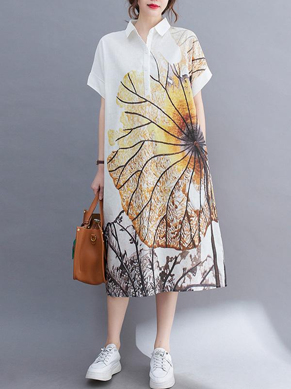 Artistic Retro Floral Printed Buttoned Lapel Collar Short Sleeves Midi Shirt Dress Product Image