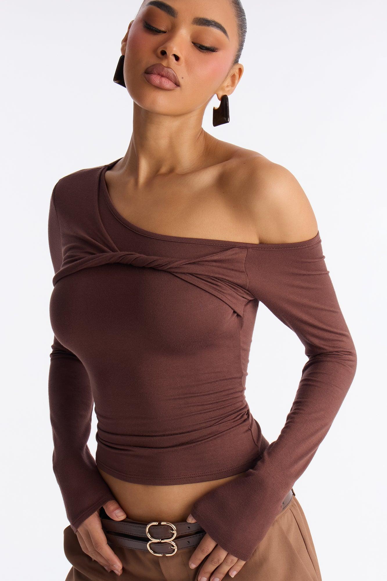Taylor Ribbed Twist Long Sleeve Top - Chocolate Female Product Image