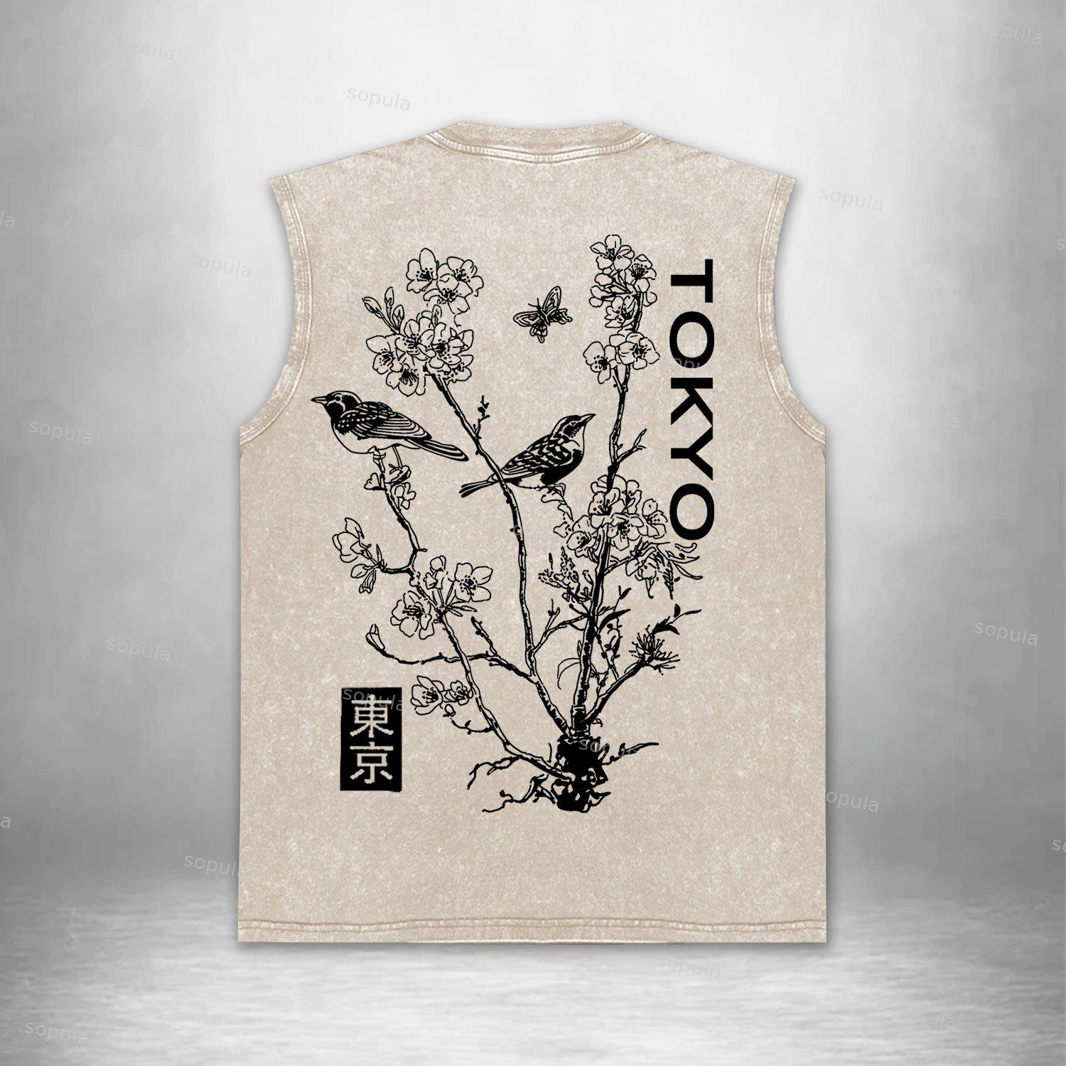 Japan Style Insect Bird Floral Print Acid Washed Tank Top Product Image