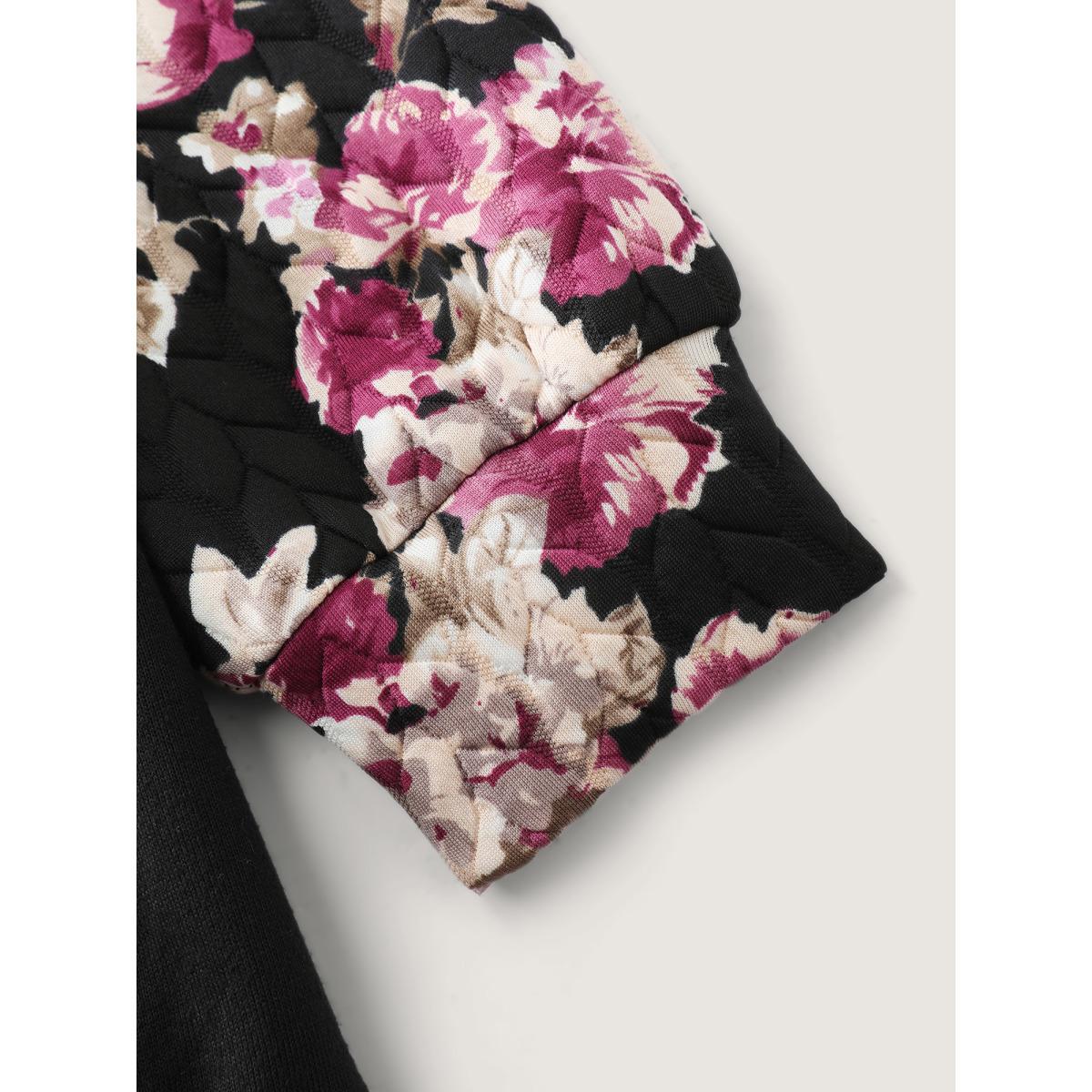 Plus Size Floral Print Raglan Sleeve Sweatshirt Women Black Leisure Contrast Round Neck Casual Sweatshirts BloomChic 26/4X Product Image