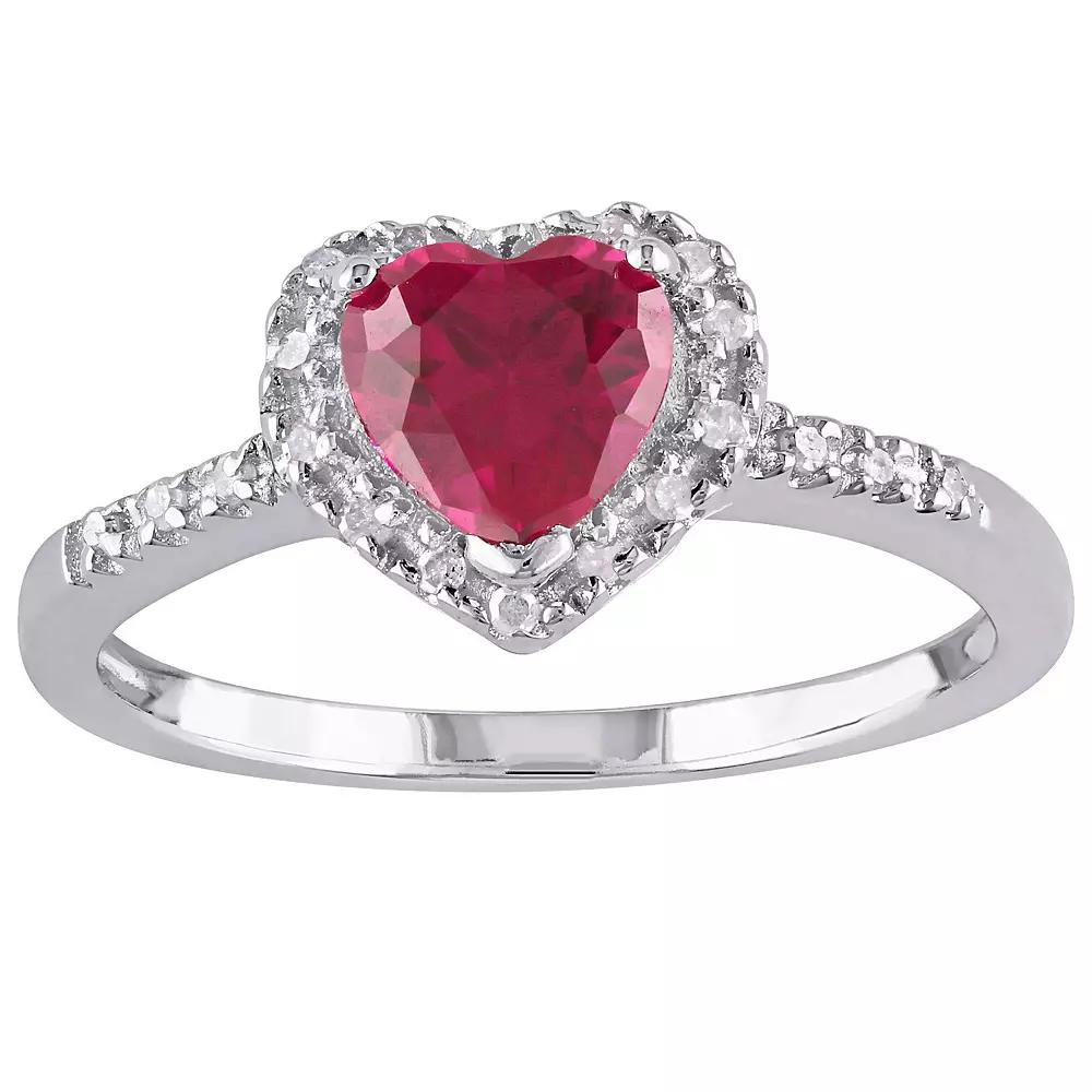 Stella Grace Sterling Silver Lab Created Ruby & 1/10 Carat T.W. Diamond Heart Halo Ring, Women's,  Product Image