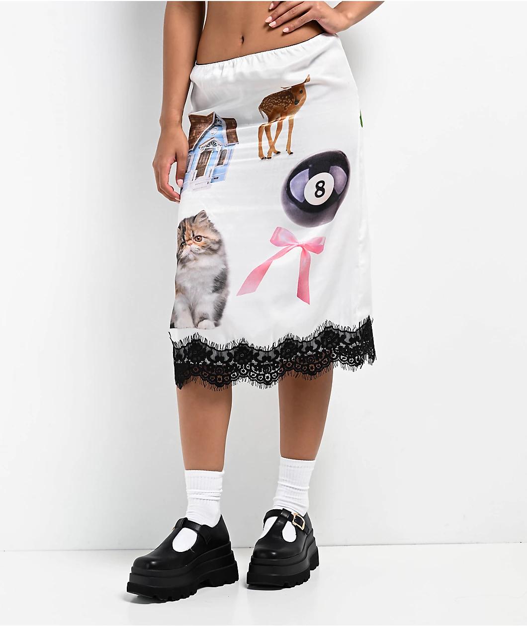 Basic Pleasure Mode Lace Print Satin White Midi Skirt Product Image