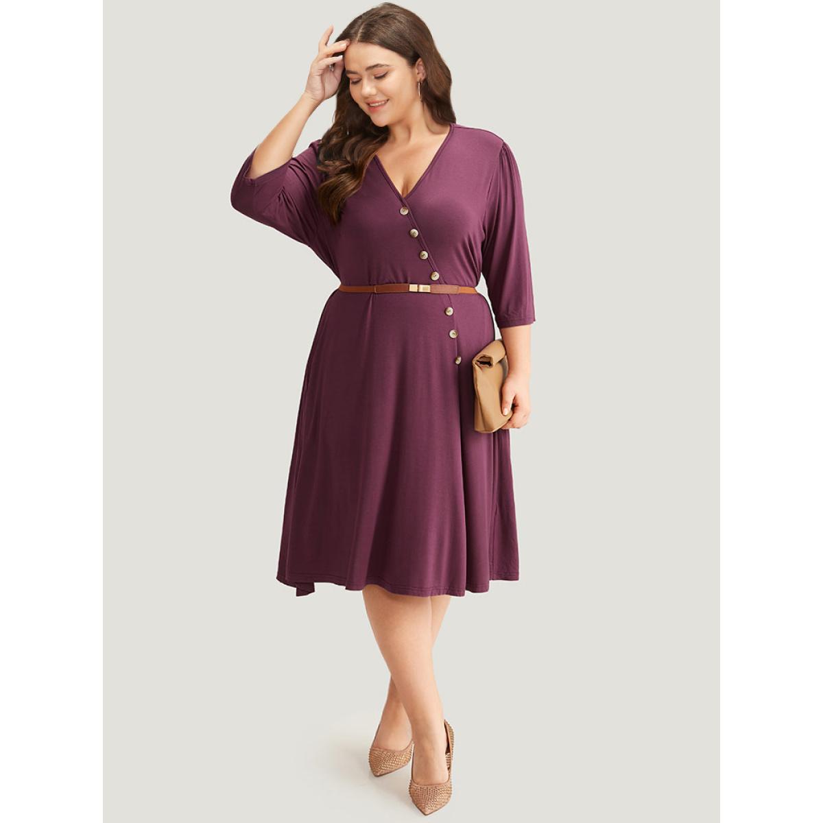 Plus Size Asymmetrical Button Detail Ruffle Hem Dress Purple Women Office Plain V-neck Elbow-length sleeve Curvy Midi Dress BloomChic 26/4X Product Image