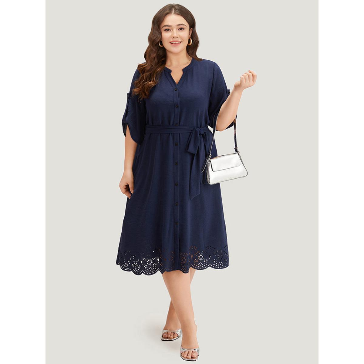 Plus Size Plain Notched Belted Laser Cut Tab Sleeve Dress Navy Women Office Plain Notched collar Half Sleeve Curvy Midi Dress BloomChic 12/L Product Image