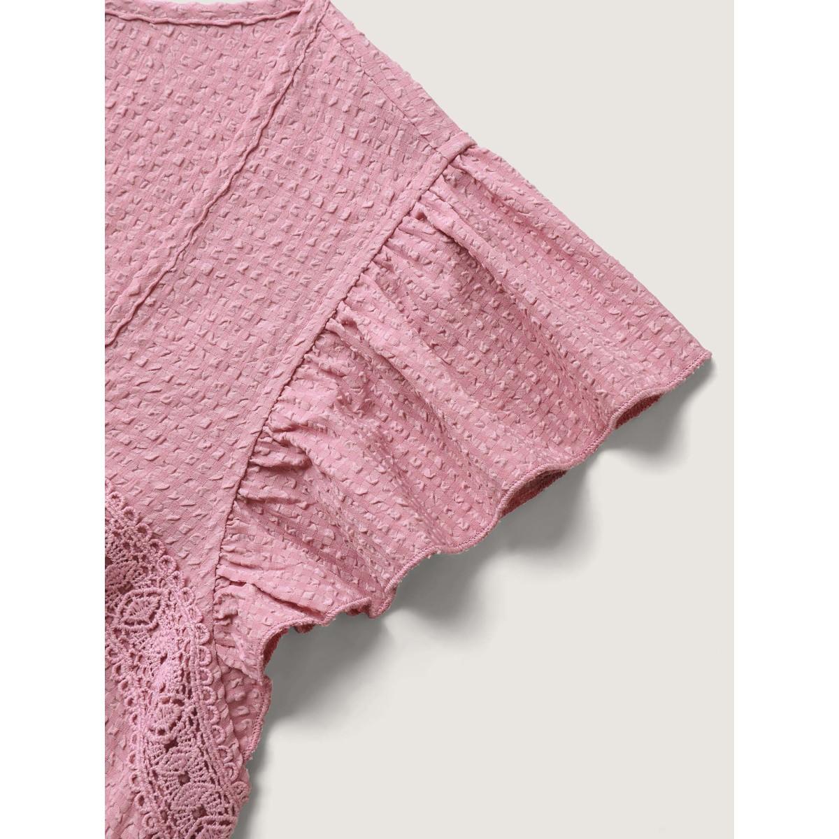 Plus Size Lace Trim Button Detail Tiered Midi Dress Beanpastepowder Women Square Neck Cap Sleeve Curvy BloomChic 10/M Product Image