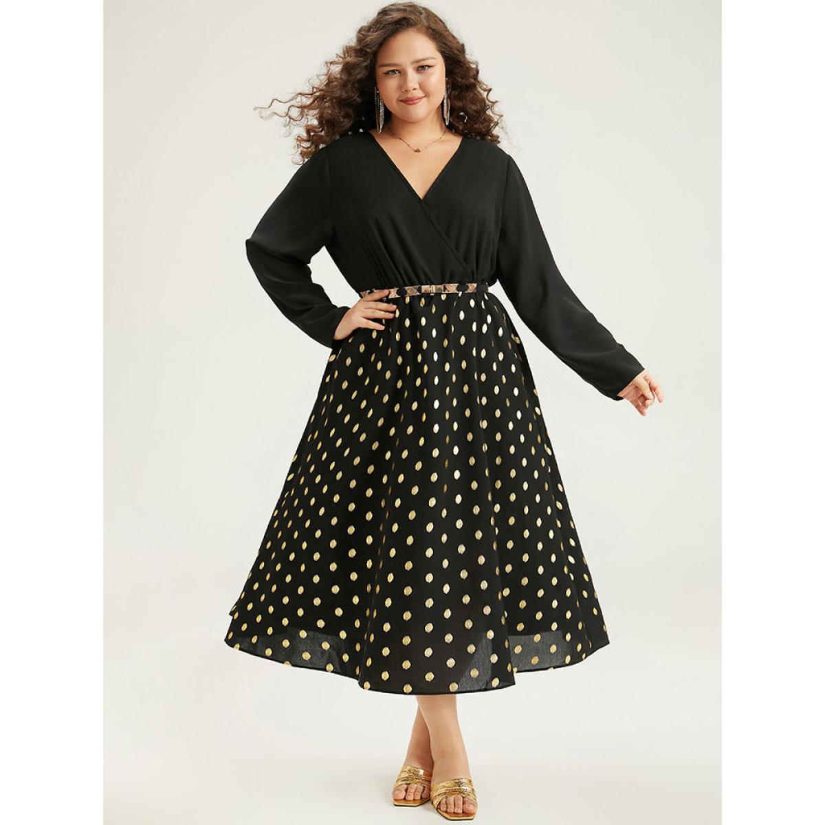 Plus Size Glitter Polka Dot Pocket V Neck Dress Black Women Glamour Printed V-neck Long Sleeve Curvy Midi Dress BloomChic 18-20/2X Product Image