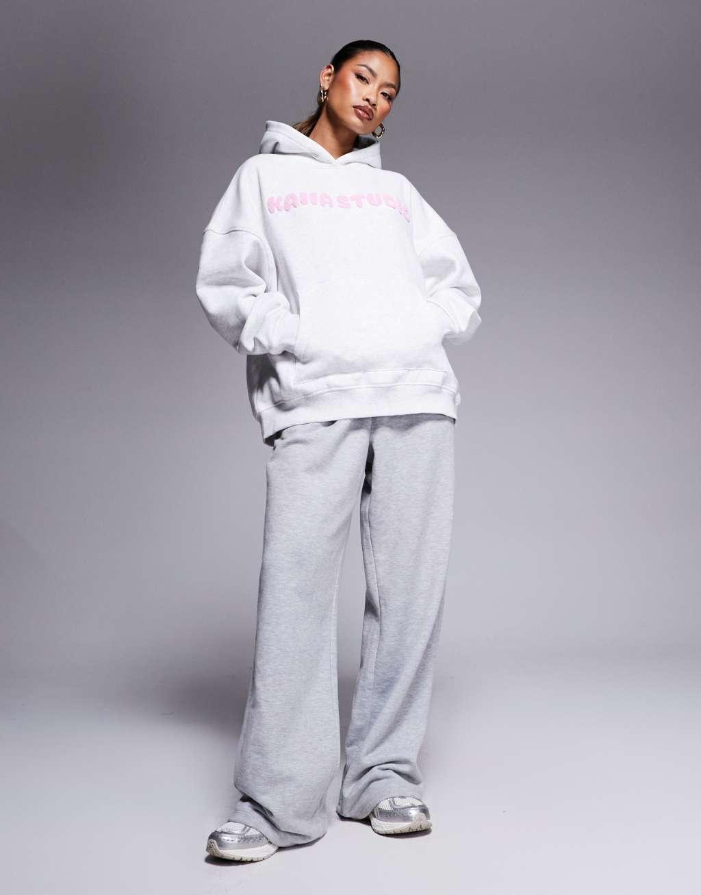 Kaiia Studio logo oversized teddy hoodie in gray and pink Product Image