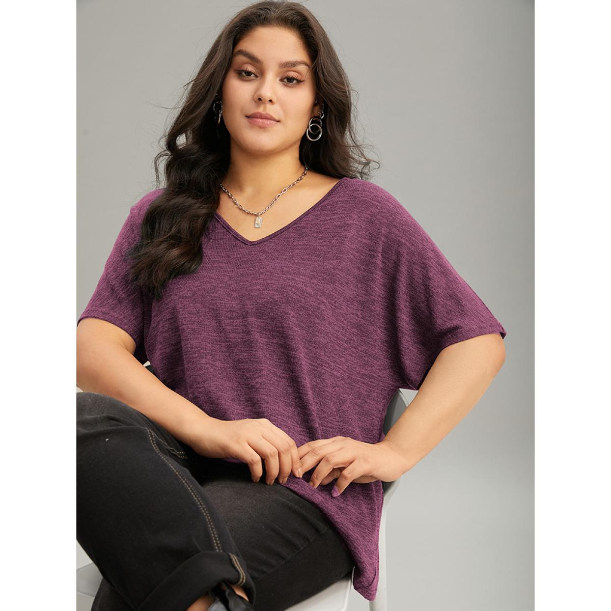 Plus Size Solid Heather V Neck Dolman Sleeve T-shirt DustyPink Women Casual Plain Plain V-neck Everyday T-shirts BloomChic 28/5X Product Image