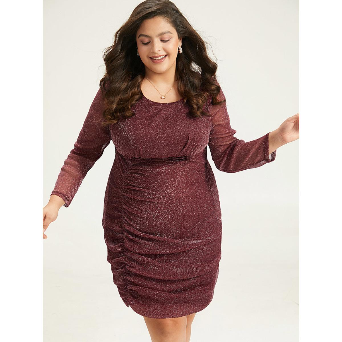 Plus Size Lurex Glitter Crew Neck Mesh Patchwork Gathered Dress Burgundy Women Casual Gathered Round Neck Long Sleeve Curvy Midi Dress BloomChic 10/M Product Image