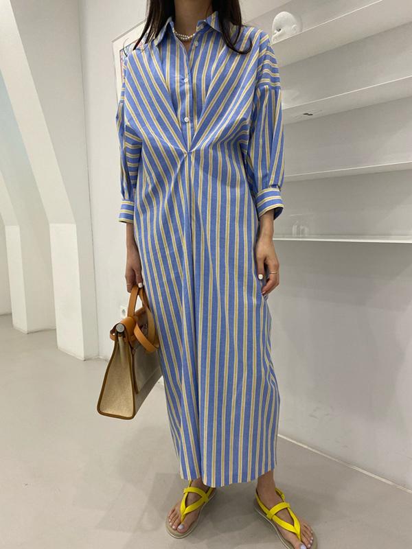 Long Sleeves Loose Buttoned Contrast Color Pockets Striped Lapel Midi Dresses Shirt Dress Product Image