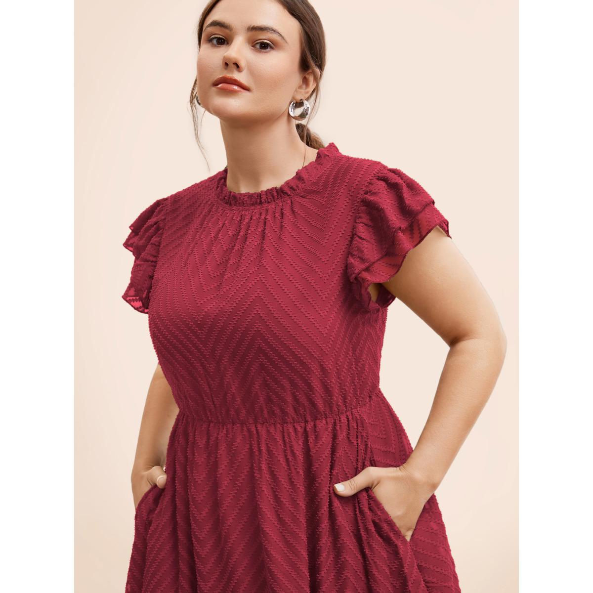 Plus Size Plain Geometric Layered Sleeve Pocket Ruffle Mock Neck Dress Rosered Women Office See through Round Neck Cap Sleeve Curvy Midi Dress BloomChic 22-24/3X Product Image
