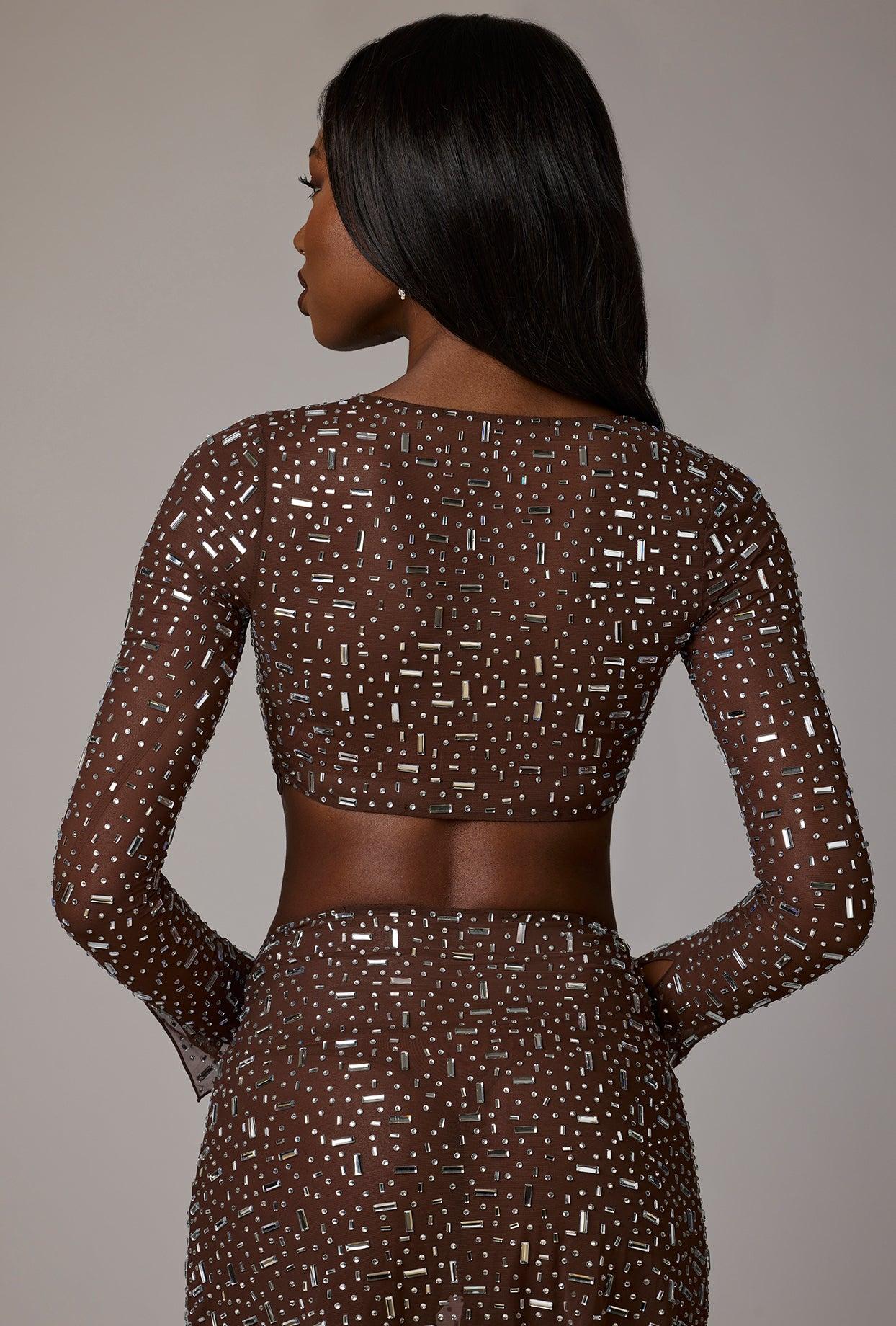 Sheer Embellished Long Sleeve Crop Top in Deep Cocoa Product Image