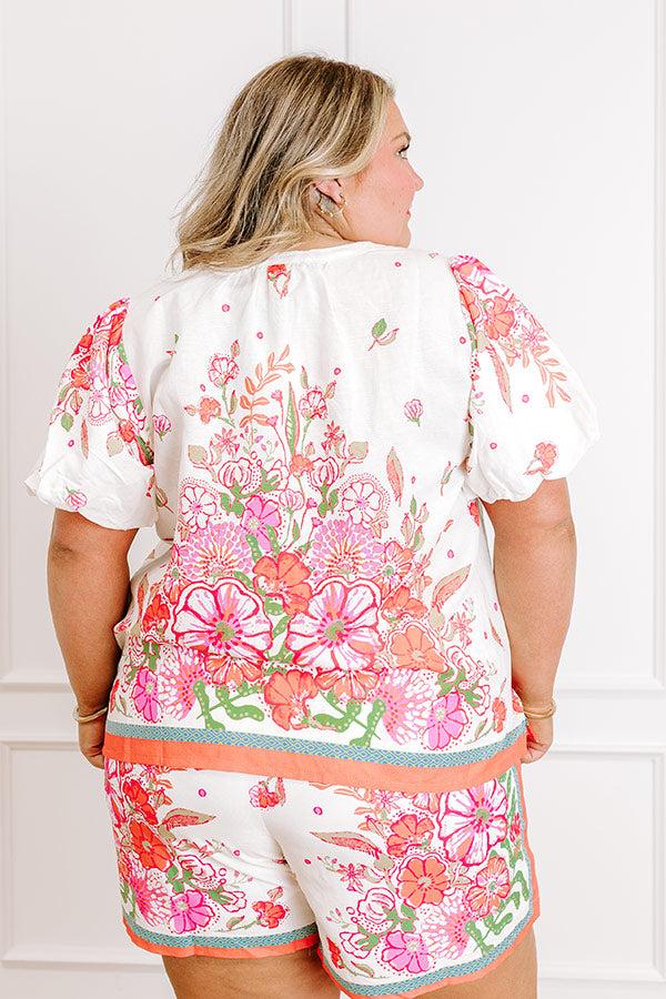 Santorini Daydream Linen-Blend Floral Top in Ivory Curves Product Image